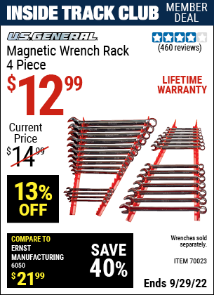 Inside Track Club members can buy the U.S. GENERAL Magnetic Wrench Rack 4 Pc. (Item 70023) for $12.99, valid through 9/29/2022.