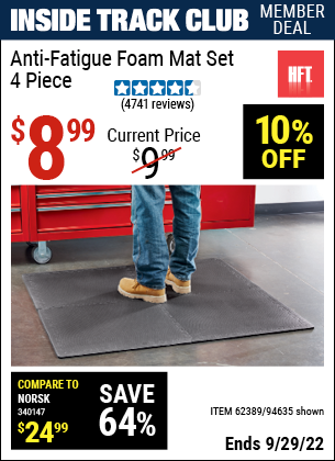 Inside Track Club members can buy the HFT Anti-Fatigue Foam Mat Set 4 Pc. (Item 94635/62389) for $8.99, valid through 9/29/2022.
