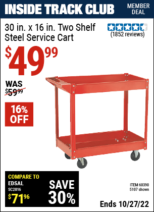 Inside Track Club members can buy the 30 In. x 16 In. Two Shelf Steel Service Cart (Item 05107/60390) for $49.99, valid through 10/27/2022.