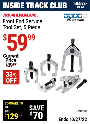 Inside Track Club members can buy the MADDOX Front End Service Tool Set – 5 Pc. (Item 56807) for $59.99, valid through 10/27/2022.