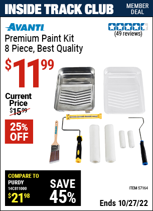 Inside Track Club members can buy the AVANTI 8 Pc Premium Paint Kit – BEST Quality (Item 57164) for $11.99, valid through 10/27/2022.