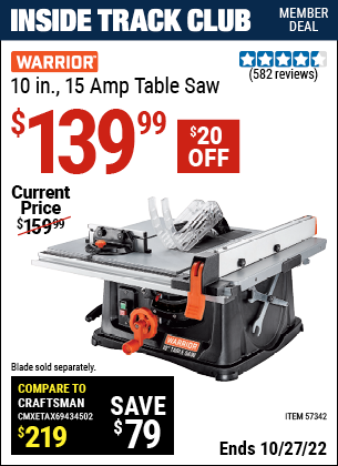 Inside Track Club members can buy the WARRIOR 10 In. 15 Amp Table Saw (Item 57342) for $139.99, valid through 10/27/2022.