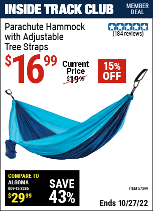 Inside Track Club members can buy the Parachute Hammock With Adjustable Tree Straps (Item 57399) for $16.99, valid through 10/27/2022.