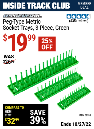 Inside Track Club members can buy the U.S. GENERAL Peg-Type Metric Socket Tray (Item 58938) for $19.99, valid through 10/27/2022.
