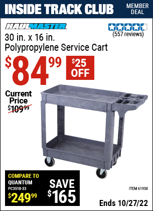 Inside Track Club members can buy the HAUL-MASTER 16 In. x 30 In. Industrial Polypropylene Service Cart (Item 61930) for $84.99, valid through 10/27/2022.