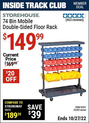 Inside Track Club members can buy the STOREHOUSE 74 Bin Mobile Double-Sided Floor Rack (Item 62269/95551) for $149.99, valid through 10/27/2022.
