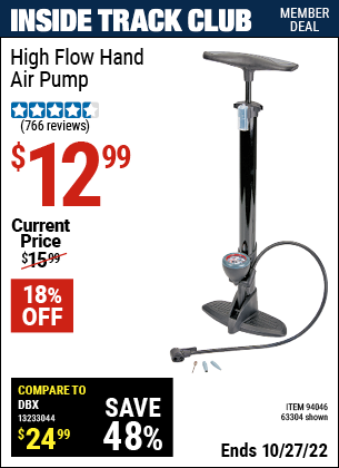 Inside Track Club members can buy the High Flow Hand Air Pump (Item 63304/94046) for $12.99, valid through 10/27/2022.