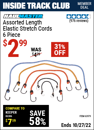 Inside Track Club members can buy the HAUL-MASTER Assorted Length Elastic Stretch Cords 6 Pc. (Item 63979) for $2.99, valid through 10/27/2022.