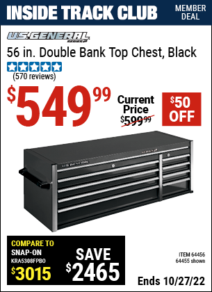 Inside Track Club members can buy the U.S. GENERAL 56 in. Double Bank Black Top Chest (Item 64455/64456) for $549.99, valid through 10/27/2022.