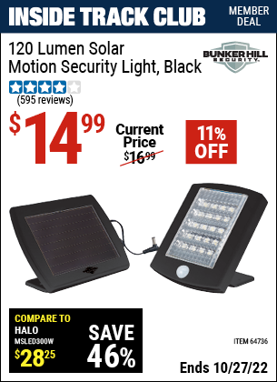 Inside Track Club members can buy the BUNKER HILL SECURITY 120 Lumen Solar Motion Security Light (Item 64736) for $14.99, valid through 10/27/2022.