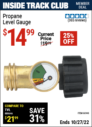 Inside Track Club members can buy the SMART BBQ Propane Level Gauge (Item 66940) for $14.99, valid through 10/27/2022.
