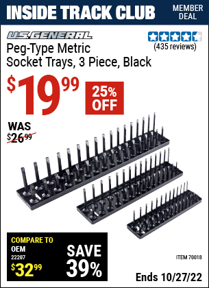 Inside Track Club members can buy the U.S. GENERAL Peg-Type Socket Tray 3 Pc. (Item 70018) for $19.99, valid through 10/27/2022.