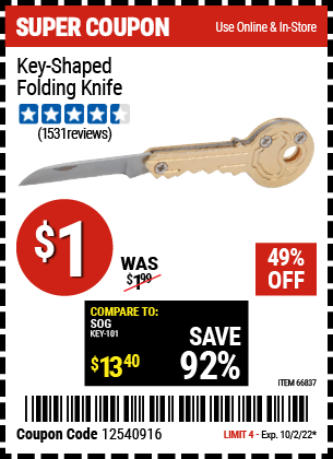 Buy the Key-Shaped Folding Knife (Item 66837) for $1, valid through 10/2/2022.