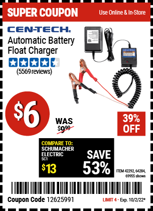 Buy the CEN-TECH Automatic Battery Float Charger (Item 42292/42292/64284) for $6, valid through 10/2/2022.
