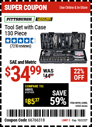 Buy the PITTSBURGH 130 Pc Tool Kit With Case (Item 63248/68998/64080) for $34.99, valid through 10/2/2022.