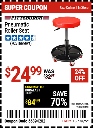 Buy the PITTSBURGH AUTOMOTIVE Pneumatic Roller Seat (Item 46319/61896/63456) for $24.99, valid through 10/2/2022.
