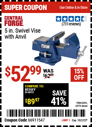 Buy the CENTRAL FORGE 5 in. Swivel Vise with Anvil (Item 63775/63331) for $52.99, valid through 10/2/2022.