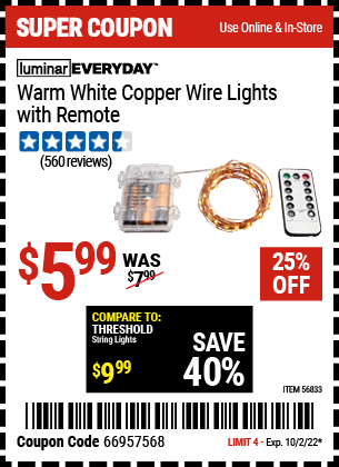Buy the LUMINAR EVERYDAY Warm White Copper Wire Lights With Remote (Item 56833) for $5.99, valid through 10/2/2022.