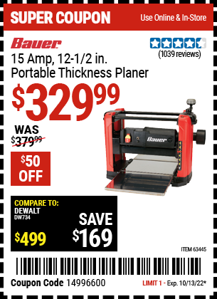 Buy the BAUER 15 Amp 12-1/2 in. Portable Thickness Planer (Item 63445) for $329.99, valid through 10/13/2022.