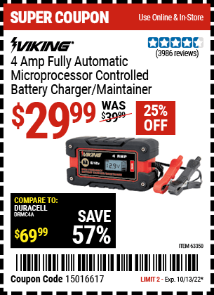 Buy the VIKING 4 Amp Fully Automatic Microprocessor Controlled Battery Charger/Maintainer (Item 63350) for $29.99, valid through 10/13/2022.