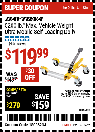 Buy the DAYTONA 5200 Lb. Max Vehicle Weight Ultra-Mobile Self-Loading Dolly (Item 64601) for $119.99, valid through 10/13/2022.