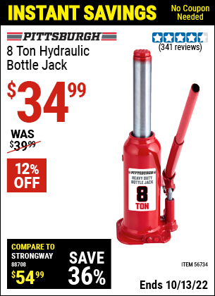 Buy the PITTSBURGH 8 Ton Hydraulic Bottle Jack (Item 56734) for $34.99, valid through 10/13/2022.