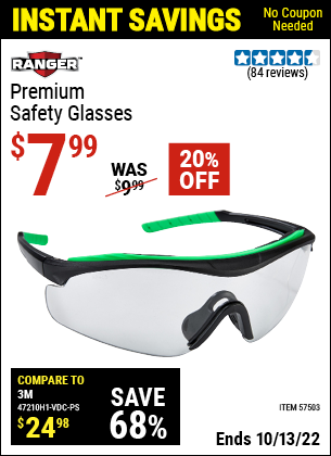 Buy the RANGER All-Day Wear Safety Glasses (Item 57503) for $7.99, valid through 10/13/2022.