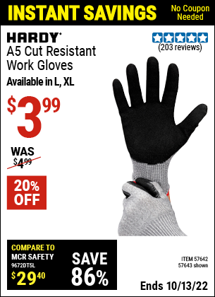 Buy the HARDY A5 Cut Resistant Work Gloves X-Large (Item 57642/57643) for $3.99, valid through 10/13/2022.