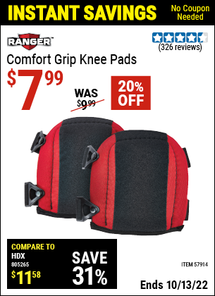 Buy the RANGER Comfort Grip Knee Pads (Item 57914) for $7.99, valid through 10/13/2022.