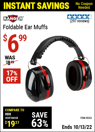 Buy the RANGER Foldable Ear Muffs (Item 58353) for $6.99, valid through 10/13/2022.