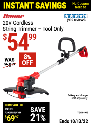 Buy the BAUER 20V Hypermax Lithium Cordless String Trimmer (Item 64995) for $54.99, valid through 10/13/2022.