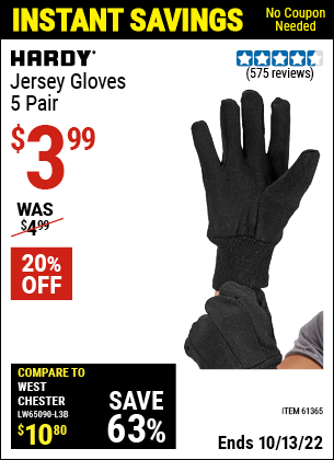 Buy the HARDY Jersey Gloves 5 Pr. (Item 66289) for $3.99, valid through 10/13/2022.