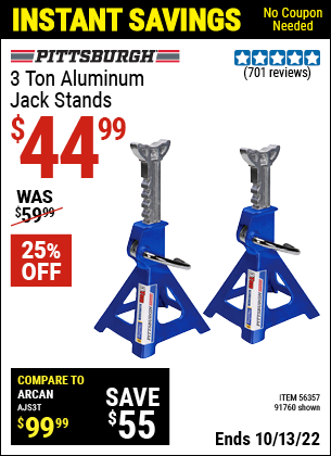 Buy the PITTSBURGH AUTOMOTIVE 3 Ton Aluminum Jack Stands (Item 91760/56357) for $44.99, valid through 10/13/2022.