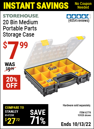 Buy the STOREHOUSE 20 Bin Medium Portable Parts Storage Case (Item 93928/62778) for $7.99, valid through 10/13/2022.