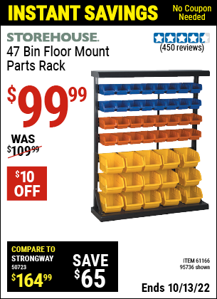 Buy the STOREHOUSE 47 Bin Floor Mount Parts Rack (Item 95736/61166) for $99.99, valid through 10/13/2022.