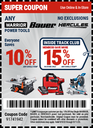 10% off Warrior Bauer Hercules Power Tools