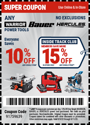 10% off Warrior Bauer Hercules Power Tools