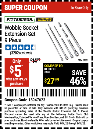 Buy the PITTSBURGH Wobble Socket Extension Set 9 Pc. (Item 67971) for $5, valid through 9/18/2022.