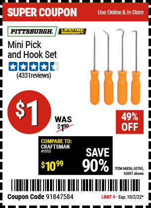Buy the PITTSBURGH Mini Pick and Hook Set (Item 63697/66836/63765) for $1, valid through 10/2/2022.