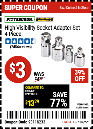 Buy the PITTSBURGH High Visibility Socket Adapter Set 4 Pc. (Item 62851/67925) for $3, valid through 10/2/2022.