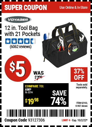 Buy the VOYAGER 12 in. Tool Bag with 21 Pockets (Item 61467/62163) for $5, valid through 10/2/2022.