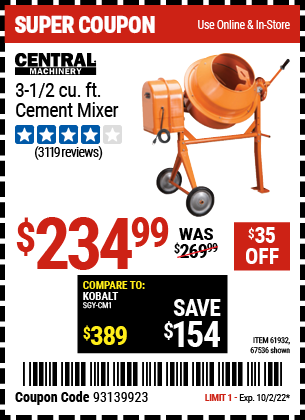 Buy the CENTRAL MACHINERY 3-1/2 Cubic Ft. Cement Mixer (Item 67536/61932) for $234.99, valid through 10/2/2022.