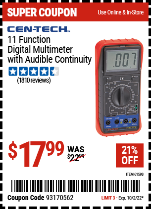 Buy the CEN-TECH 11 Function Digital Multimeter with Audible Continuity (Item 61593) for $17.99, valid through 10/2/2022.