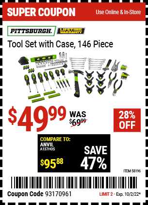 PITTSBURGH Tool Set With Case, 146 Pc. for $49.99 – Harbor Freight Coupons