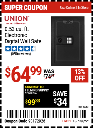 Buy the UNION SAFE COMPANY 0.53 cu. ft. Electronic Wall Safe (Item 62983) for $64.99, valid through 10/2/2022.