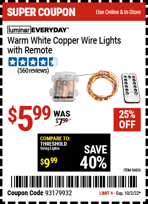 Buy the LUMINAR EVERYDAY Warm White Copper Wire Lights With Remote (Item 56833) for $5.99, valid through 10/2/2022.