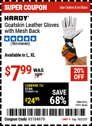 Buy the HARDY Goatskin Leather Gloves with Mesh Back (Item 57511/57512) for $7.99, valid through 10/2/2022.
