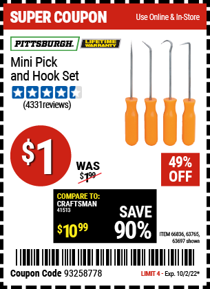 Buy the PITTSBURGH Mini Pick and Hook Set (Item 63697/66836/63765) for $1, valid through 10/2/2022.