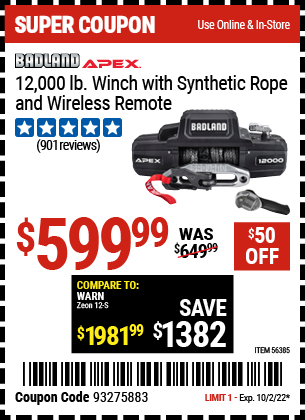 Buy the BADLAND APEX Synthetic 12000 Lb. Wireless Winch (Item 56385) for $599.99, valid through 10/2/2022.