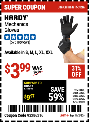 Buy the HARDY Mechanic's Gloves X-Large (Item 62432/62429/62433/62428/62434/62426/64178/64179) for $3.99, valid through 10/2/2022.